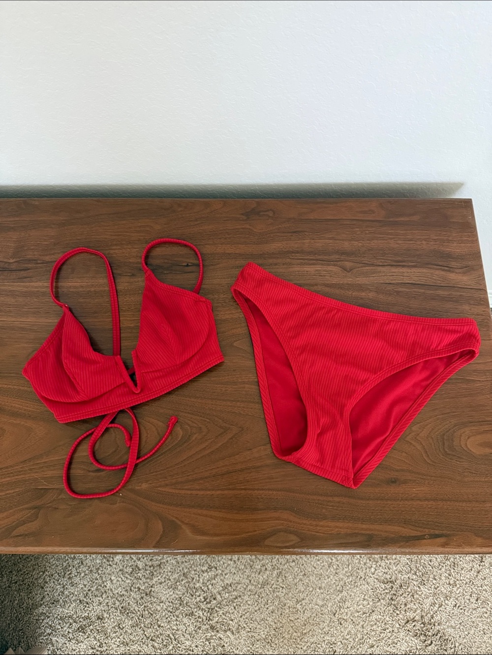 Shade & Shore Red Ribbed V-Notch Bikini Set